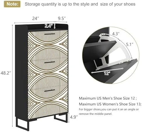 RUNFAYBIU Shoe Cabinet for Entryway Slim Shoe  Cabinet with Color Painted Pattern Shoe Rack Cabinet with 3 Flip Drawers  White Shoe Cabinet for Entryway (Walnut)