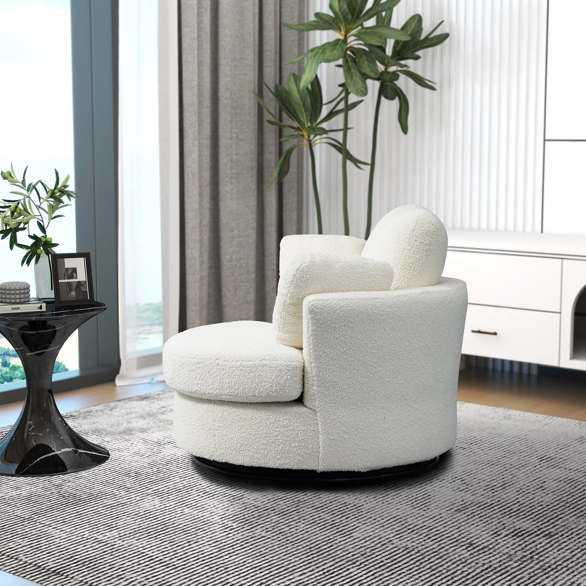 42.2"W Swivel Accent Barrel Chair And Half Swivel Sofa With 3 Pillows 360 Degree Swivel Round Sofa Modern Oversized Arm Chair Cozy Club Chair For Bedroom Living Room Lounge Hotel, Ivory Boucle