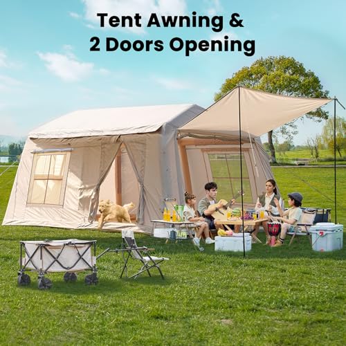Inflatable Tents for Camping, Blow Up Tent with Hand Pump, Easy Setup Inflatable Hot Tent with Stove Jack, Waterproof Oxford Air Glamping Tents for Camping Adult 4-6 Person