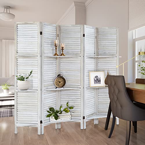 Room Divider with Shelves, Privacy Screen, Room Dividers and Folding Privacy Screens, 5 Panel Wood Temporary Wall Partition Separation Separator, Coconut