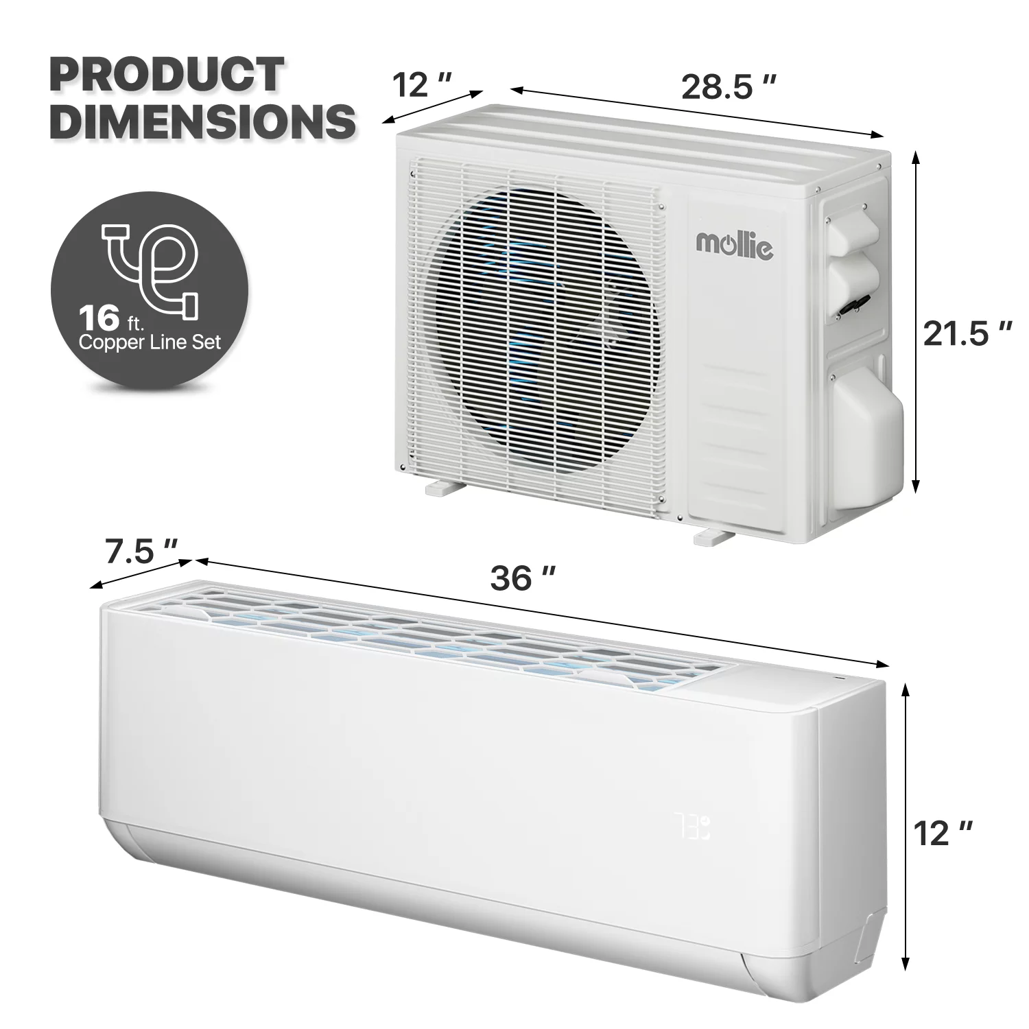mollie 12000 BTU 22 SEER Mini Split Air Conditioner & Heater with WIFI , Wall-Mounted AC Unit Cools Rooms up to 550 Sq.Ft, Energy Efficient Inverter AC with Heat Pump, White