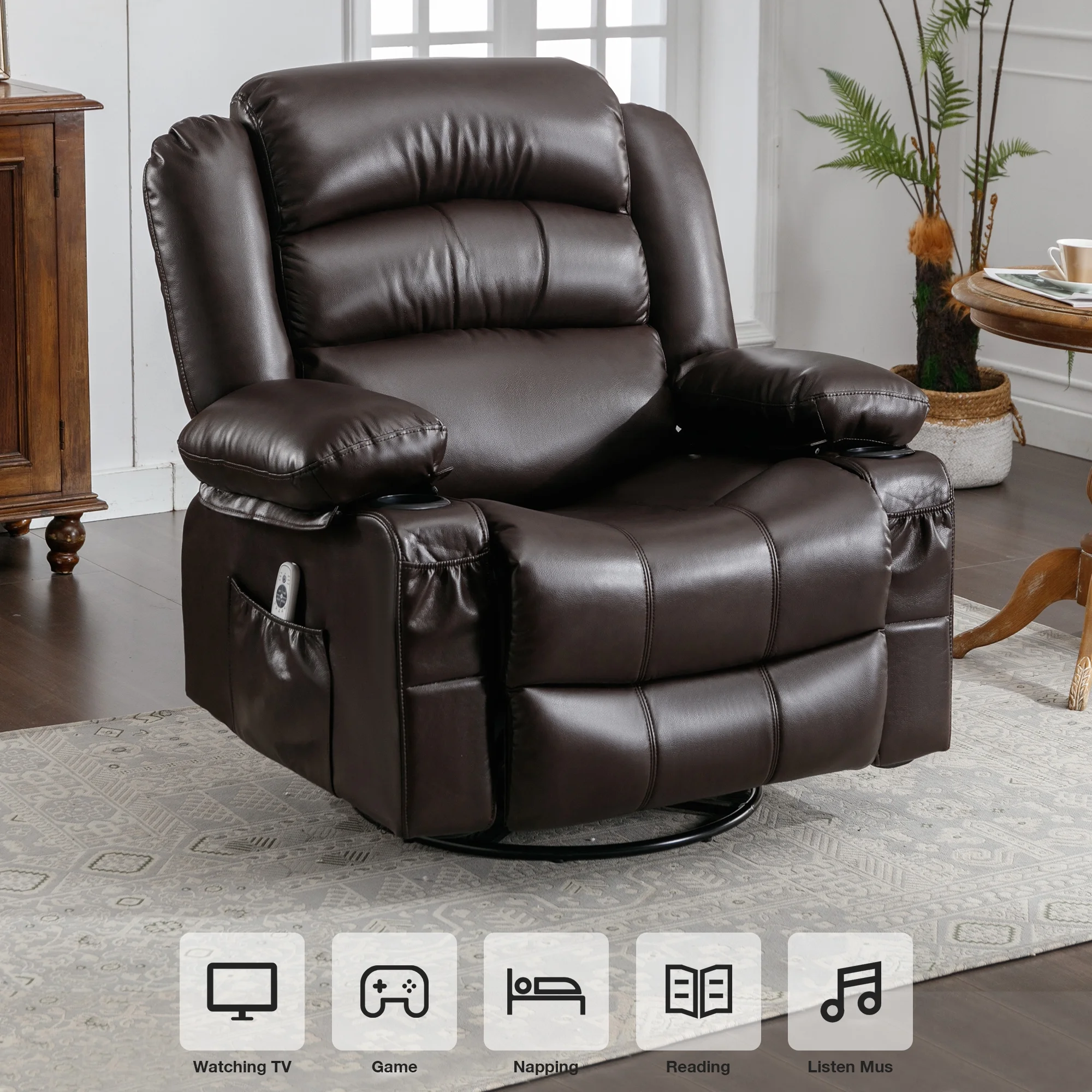 Massage Swivel Rocker Recliner Chair with Vibration Massage and Heat Ergonomic Lounge Chair for Living Room with Rocking Function and Side Pocket 2 Cup Holders USB Charge Port, Brown