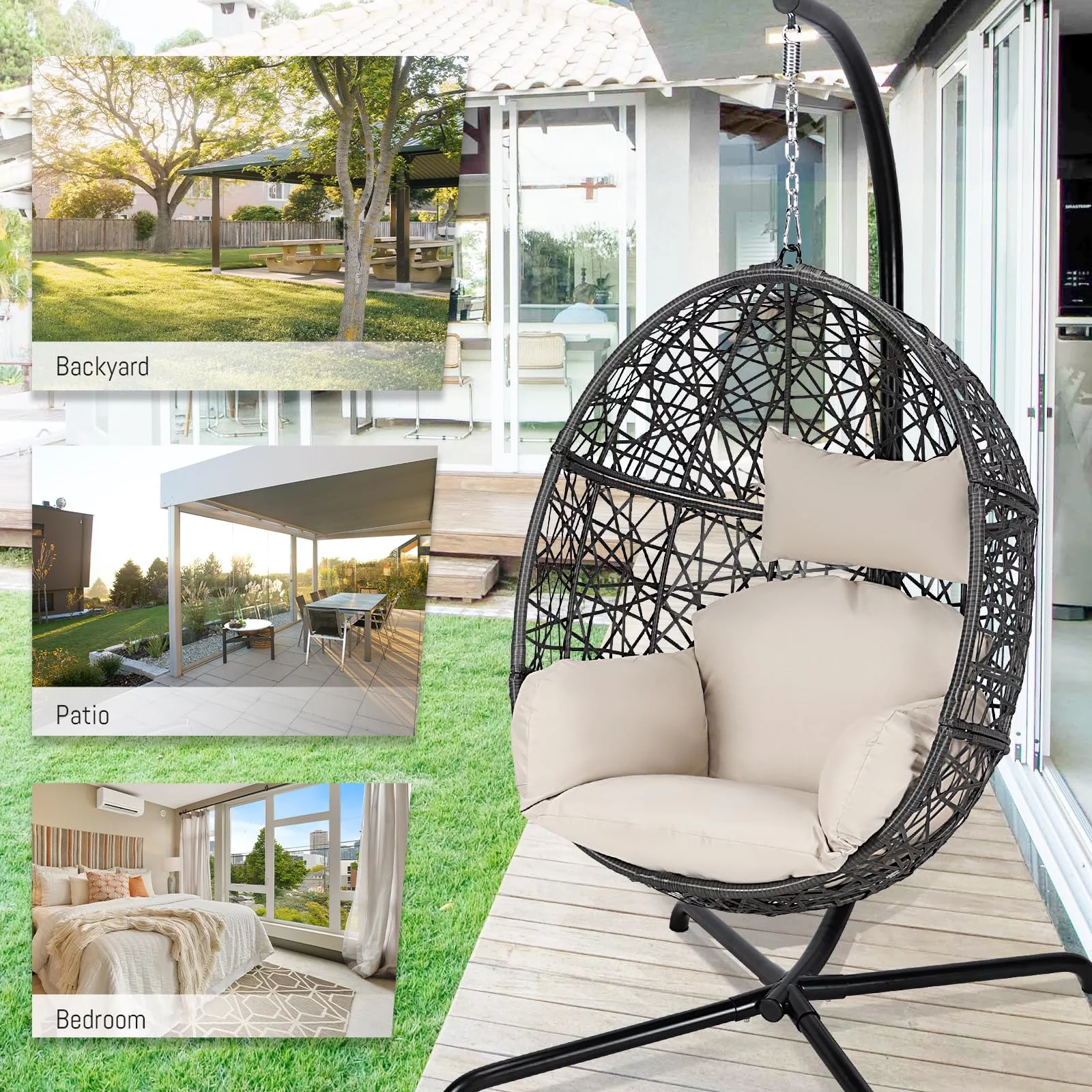 NICESOUL Outdoor Indoor Oversized Black Hanging Swing Nest Egg Chair with Stand and Big Beige Set