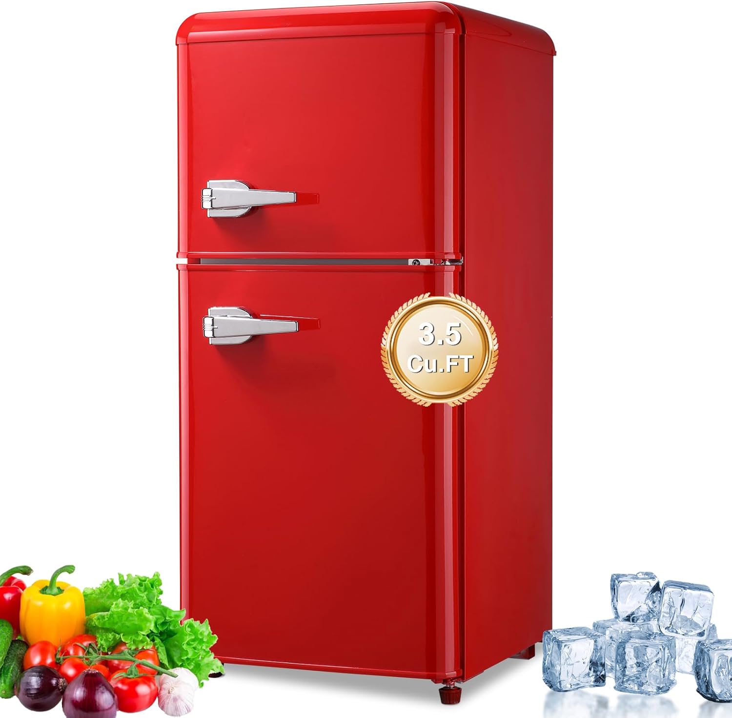 3.5 Cu.Ft Compact Refrigerator, Retro Fridge with Dual Door, Small Refrigerator with freezer,7 Level Adjustable Thermostat for Garage, Dorm,Bedroom, Office, Apartment-Red