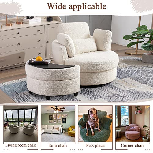 Chair and A Half with Ottoman, 360° Swivel Accent Barrel Chair Modern Comfy Round Reading Sofa Swivel Chairs Circle Lounge Chair for Bedroom Living Room w/4 Pillow Lower Seating Heigh (White, Large)