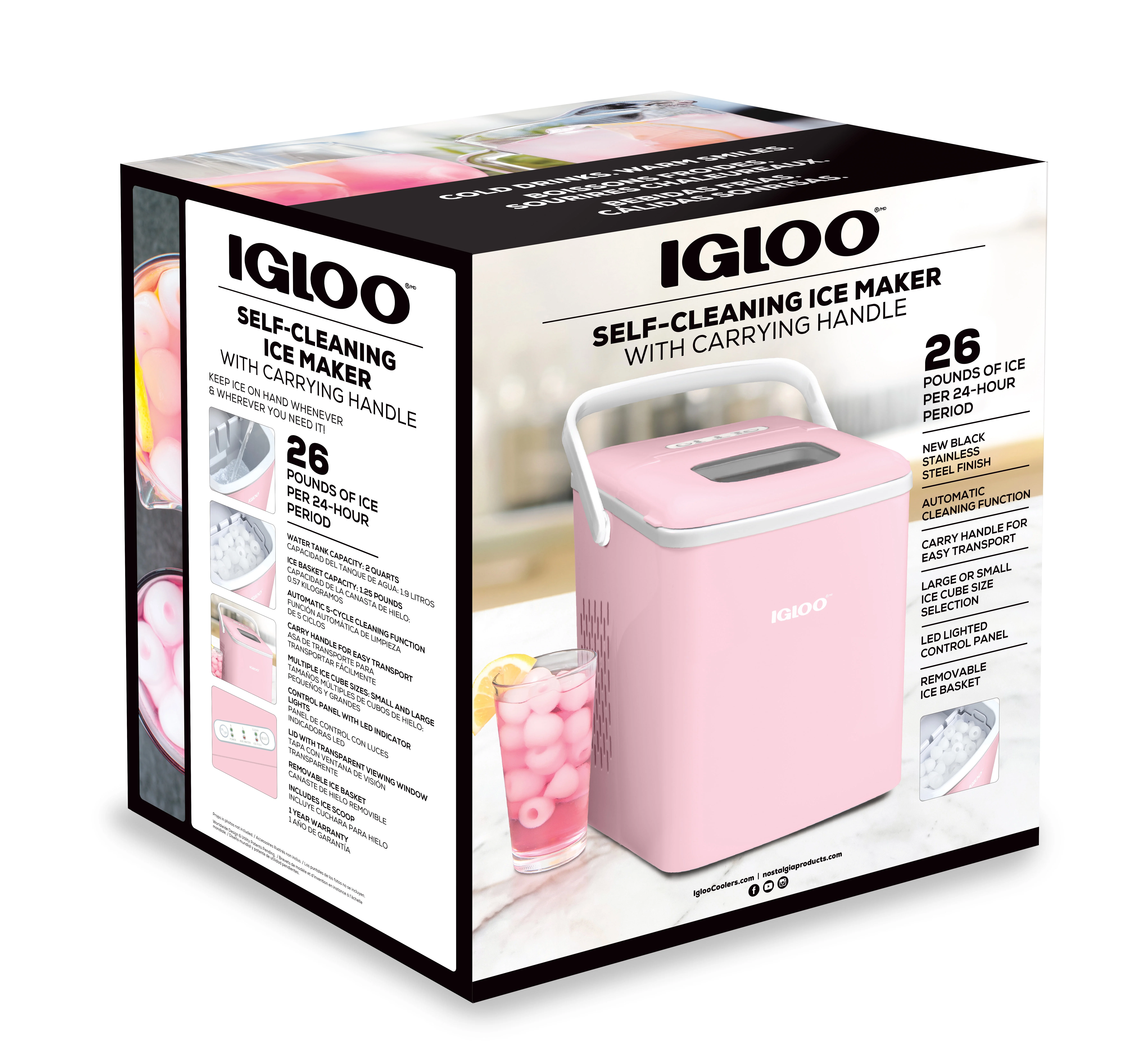 Igloo IGLICEB26HNPK 26-Pound Automatic Self-Cleaning Portable Countertop Ice Maker Machine With Handle, Pink