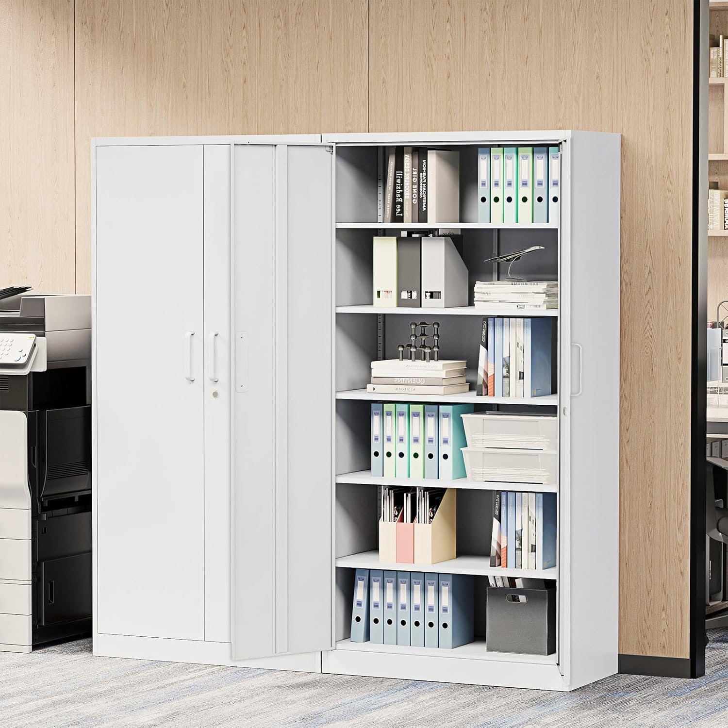 Metal Storage Cabinet with Lock，71'' Garage Storage Cabinet with 5 Adjustable Shelves, Tall Tool Cabinets for Garage, Home, Office, Gym, School，White