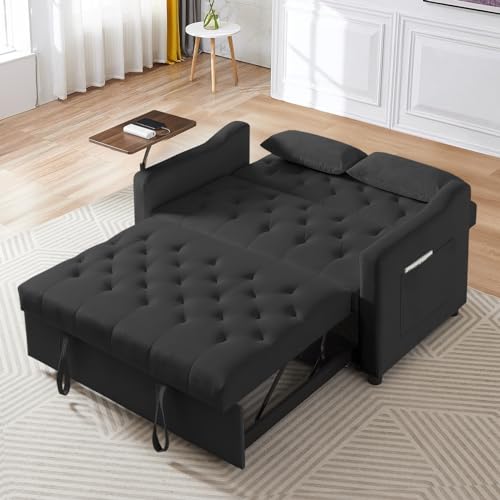 3 in 1 Convertible Sleeper Sofa Couch with Pull Out Bed,53" Velvet Futon Tufted Loveseat with Table&Reclining Back,Comfy 2 Seater Lounge Sofa for RV,Living Room,Bedroom,Small Space(Grey)