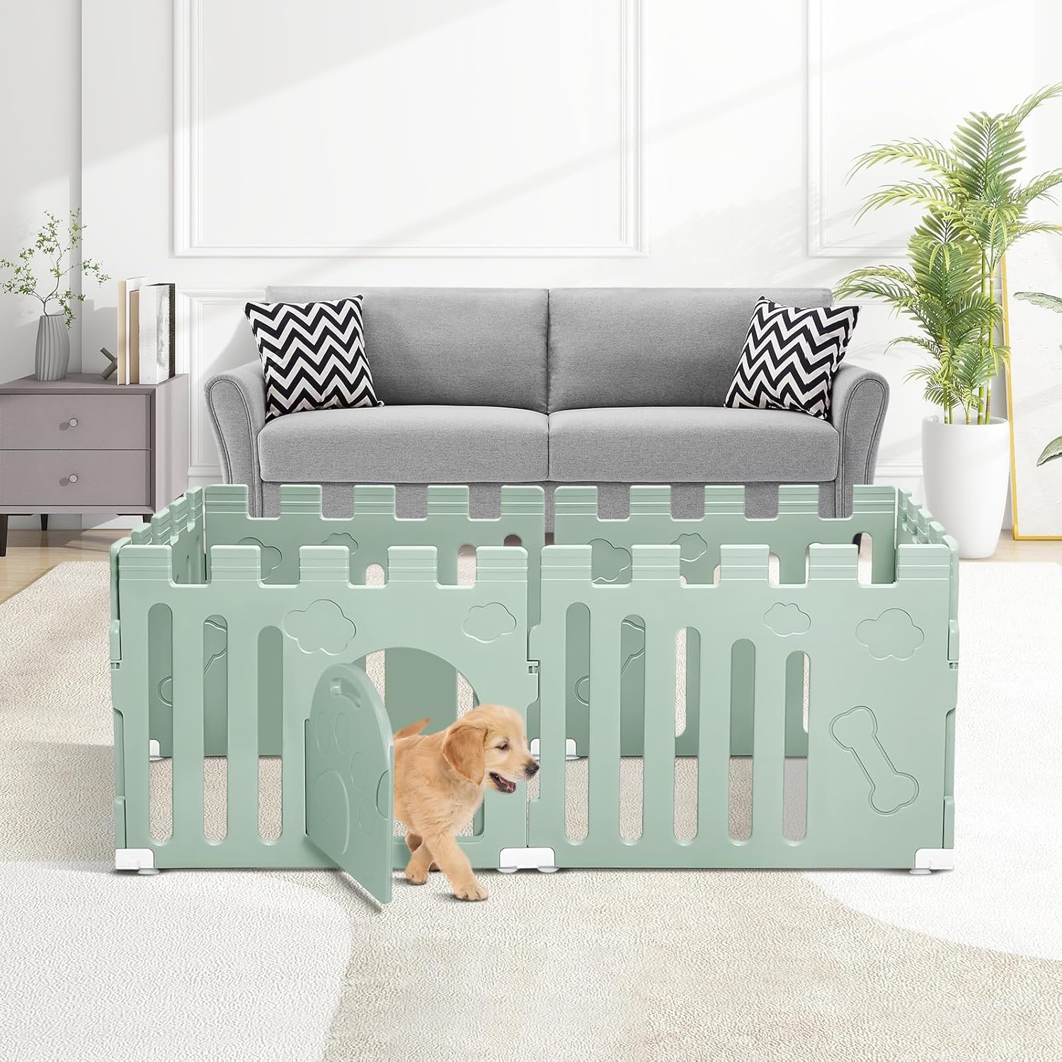 Dog Playpen with Door, 6-Panel 24" Indoor Puppy Playpen, Strong Plastic Small Pet Safety Fence Dog Pen, Non-Slip and Secure Pet Gate, Green