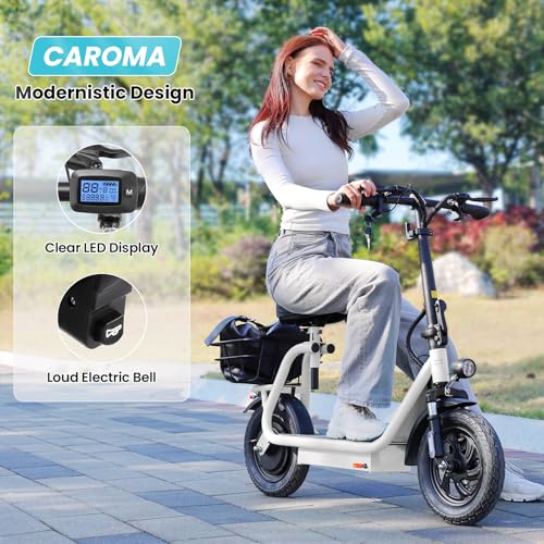 Caroma Peak 800W/1200W Electric Scooter Adults, 30 Miles Max Range, Foldable Electric Scooter with Seat, Front Suspension, Detachable Large Basket,Commuter E-Scooter for Adult and Teens