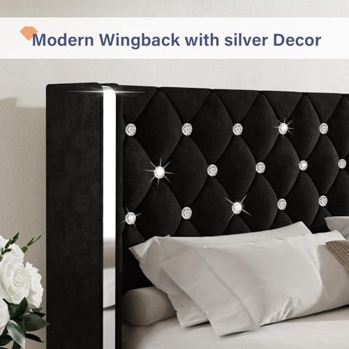 HOMBCK Full Size Lift Up Storage Bed Frame, Modern Bed Frame with Diamond Headboard, Velvet Bed Frame with Sliver Wingback, Hydraulic Storage, No Box Spring Needed, Black