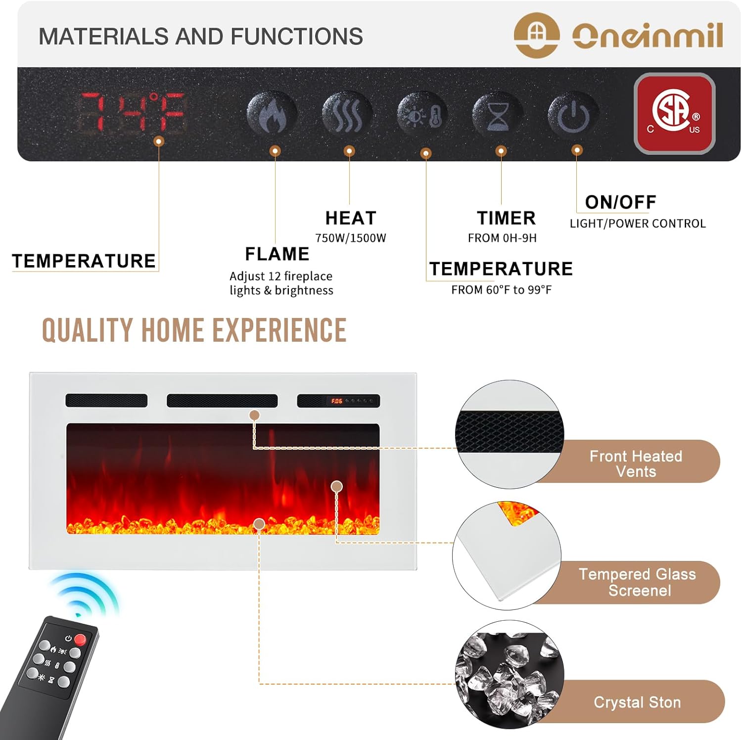oneinmil Fireplace TV Stand with 36" Electric Fireplace, LED Light Entertainment Center with Modern Wood Texture, Highlight Storage Cabinet for TVs Up to 90", 79 inches, Black