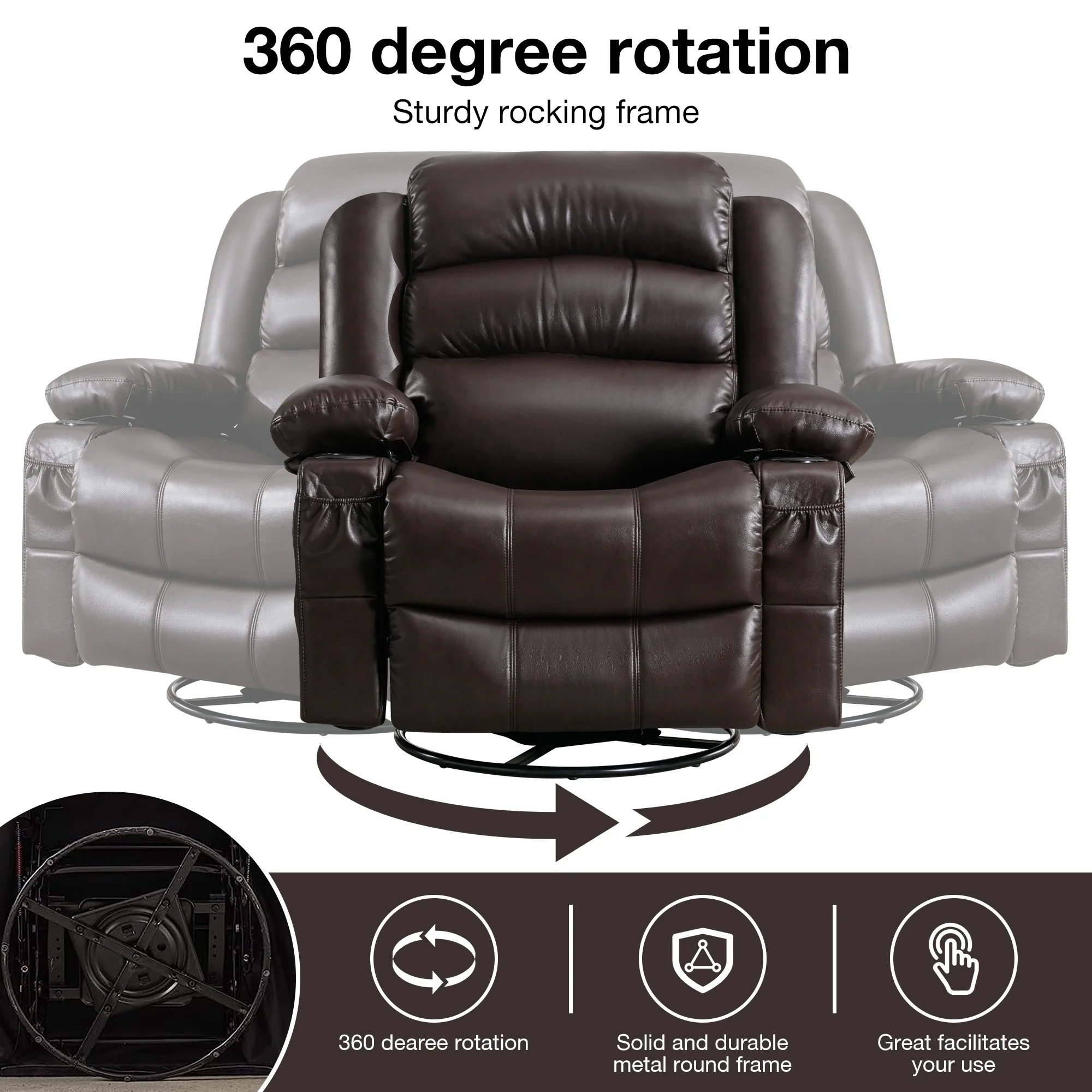 Massage Swivel Rocker Recliner Chair with Vibration Massage and Heat Ergonomic Lounge Chair for Living Room with Rocking Function and Side Pocket 2 Cup Holders USB Charge Port, Brown