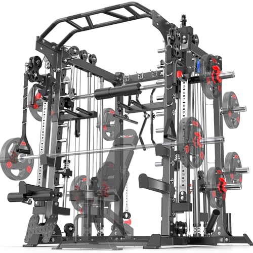 L05/07 Smith Machine，Multi-Function Squat Rack Power Cage with Cable Crossover System,with Weight Bench, Olympic Barbell Weight Set, for Home Gym