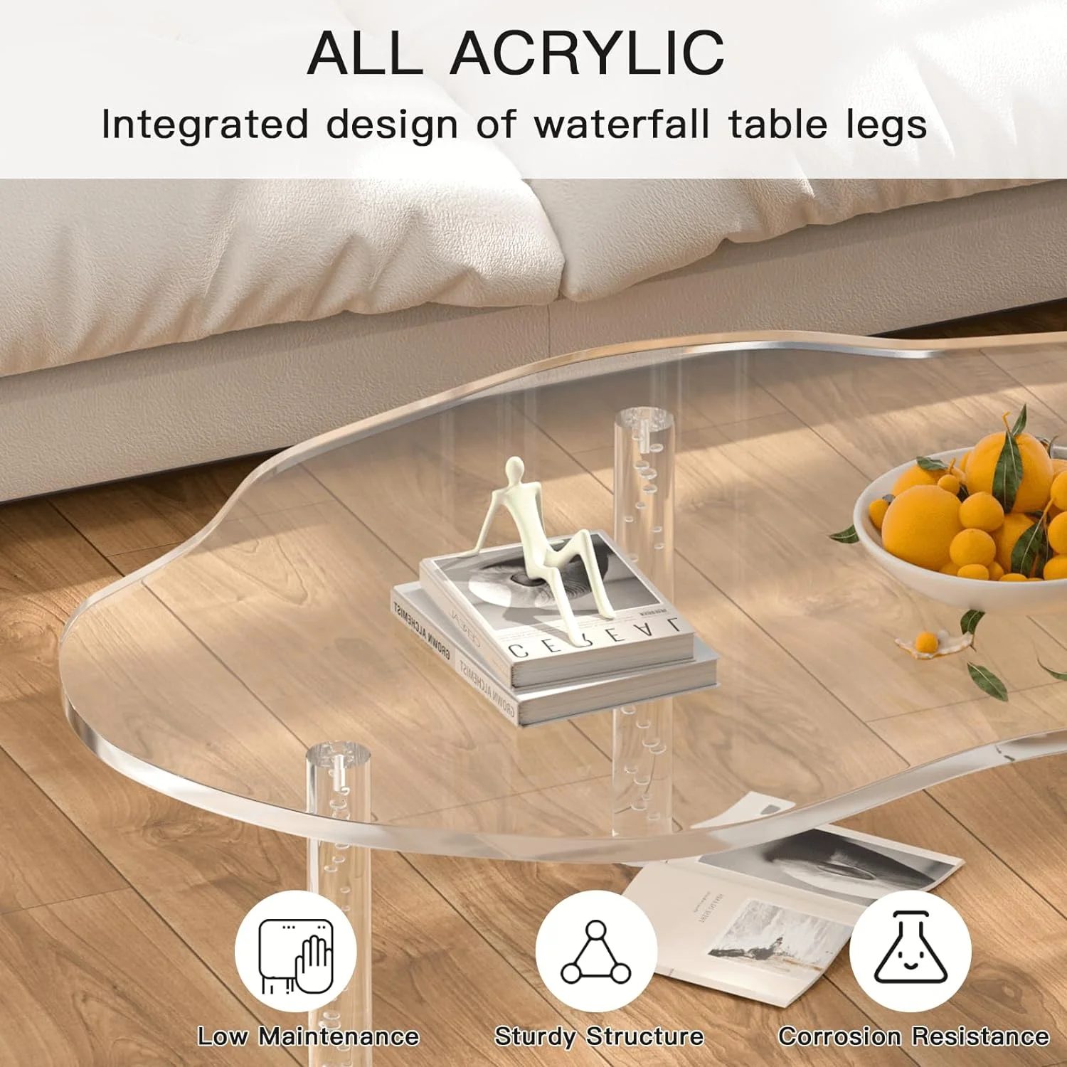 RUNFAYBIU Acrylic Cloud Shape Coffee Table  39"x28"x16" Modern Irregular Waterfall Clear Coffee Table  with 3 Solid Bubble Legs for Living Room Home Decor