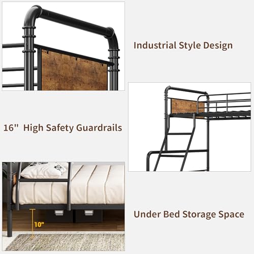 IDEALHOUSE Metal Bunk Bed Twin Over Twin, Twin Bunk Beds, Heavy Duty Twin Size Metal Bunk Bed with High Guardrail & Ladders, Convertible Bunk Beds for Kids Adults, No Box Spring Needed