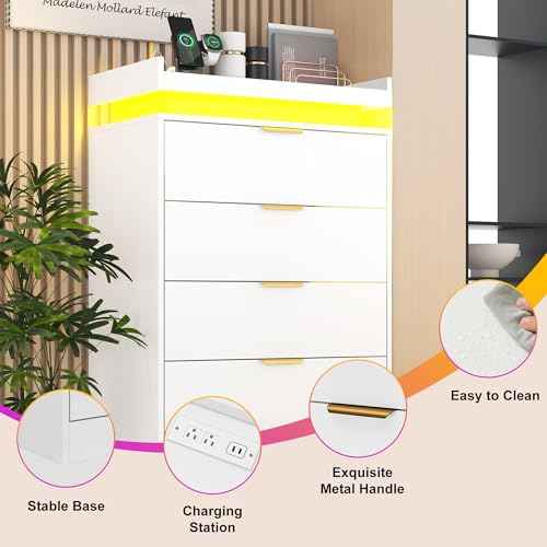 White Dresser with LED Lights, Wooden LED Dresser, 4 Drawer Chest with Charging Station, Tall Chest of Drawer Closet Organizer for Bedroom, Living Room, Entryway, Hallway