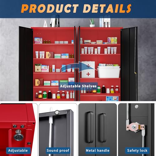 Yizosh Metal Garage Storage Cabinet with 2 Doors and 5 Adjustable Shelves - 71" Steel Lockable File Cabinet,Locking Tool Cabinets for Office,Home,Garage,Gym,School (Gray White)