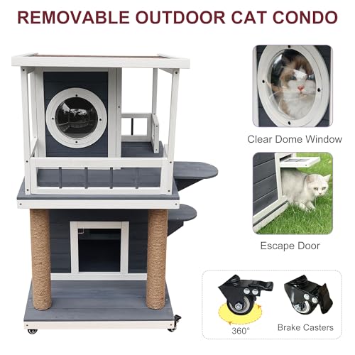 Rockever Outdoor Cat House, Large Outdoor Houses for Feral Cats Wooden Outside Cat Shelter Weatherproof with Escape Door