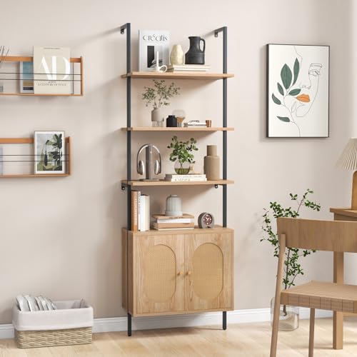 6-Tier Ladder Bookshelf with Cabinet, 71" Tall Wall Mount Shelf Bookcase w/Sturdy Metal Frame & Rattan Cabinet Bottom, Wall Storage Display Rack for Living Room, Bedroom & Home (1)