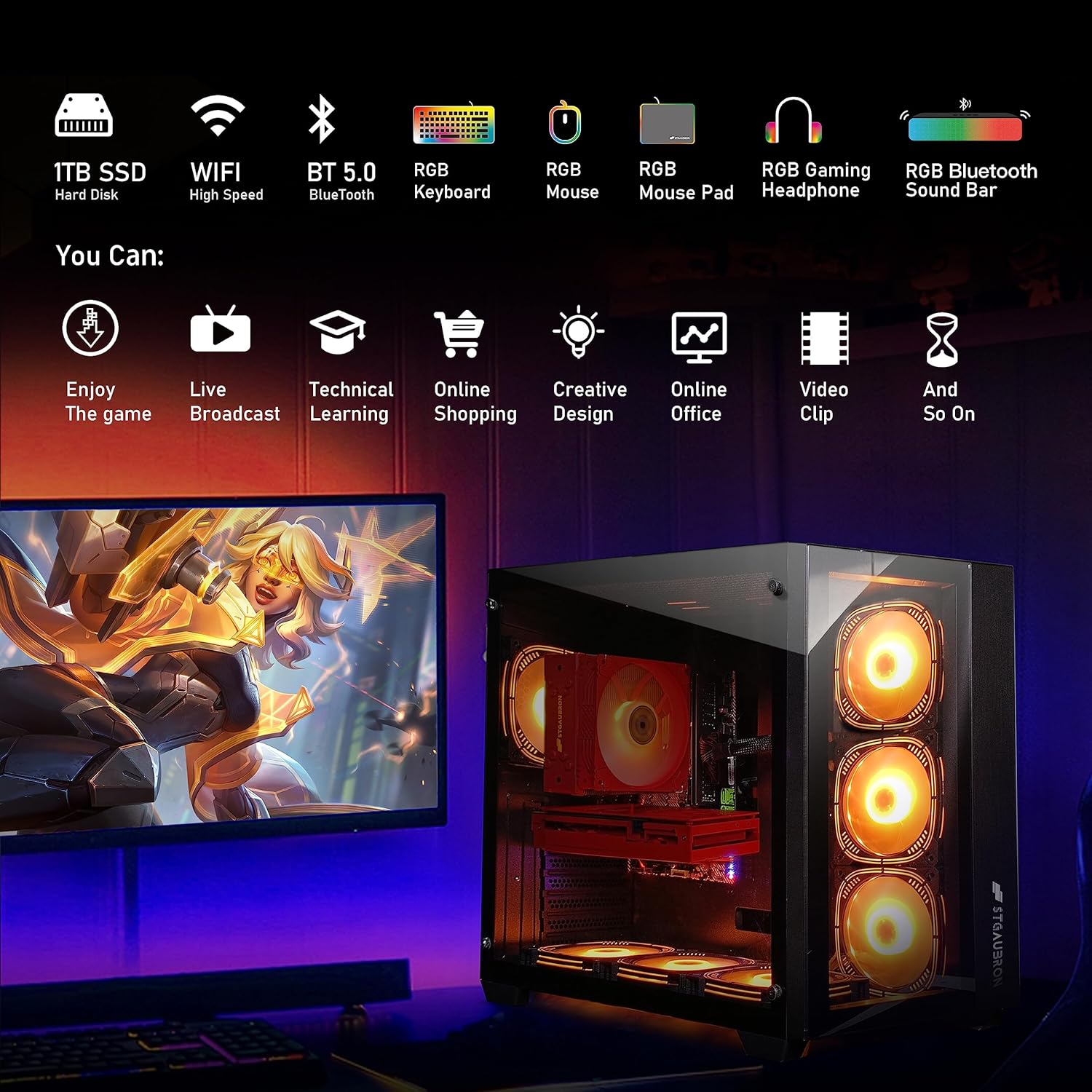 STGAubron Gaming Desktop PC,GeForce RTX 3060 12G GDDR6,Intel Core i7-10700KF up to 5.1G,16G DDR4,1T SSD,WiFi,BT 5.0,RGB Fan x 7,RGB Keyboard&Mouse&Mouse Pad,RGB BT Sound Bar,RGB BT Gaming Mic,W11H64