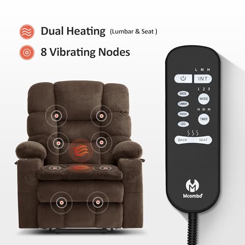 MCombo Large Triple Motor Power Lift Recliner Chair with Massage and Dual Heating, Adjustable Headrest for Tall Elderly People, Fabric 7634 (Grey, Large)