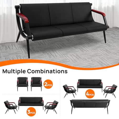 Waiting Room Bench with Wooden Armrest, PU Leather Office Furniture, Lobby Conference Reception Bench, Office Guest Seating for Clinic,Airport,Hospital,Barber,Salon,Bank(Black, 2)