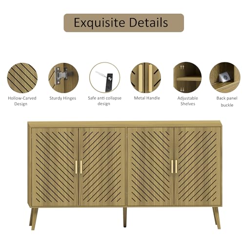 Wood Sideboard Buffet Cabinet with Storage, 4 Doors, Adjustable Shelves, TV Stand or Coffee Bar for Kitchen, Dining Room, Living Room, Entryway (Walnut)