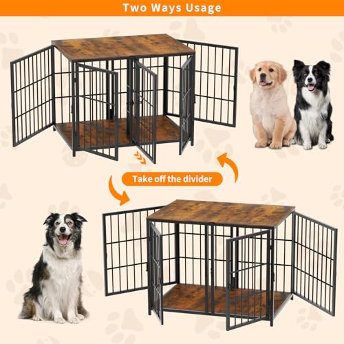 Heavy Duty Dog Crate Furniture: 84inch Wooden Dog Crates End Table Kennel with Three Doors and Removable Tray - Extra Large Puppy Indoor Training Playpen House Decorative Side Table Cage Rustic Brown