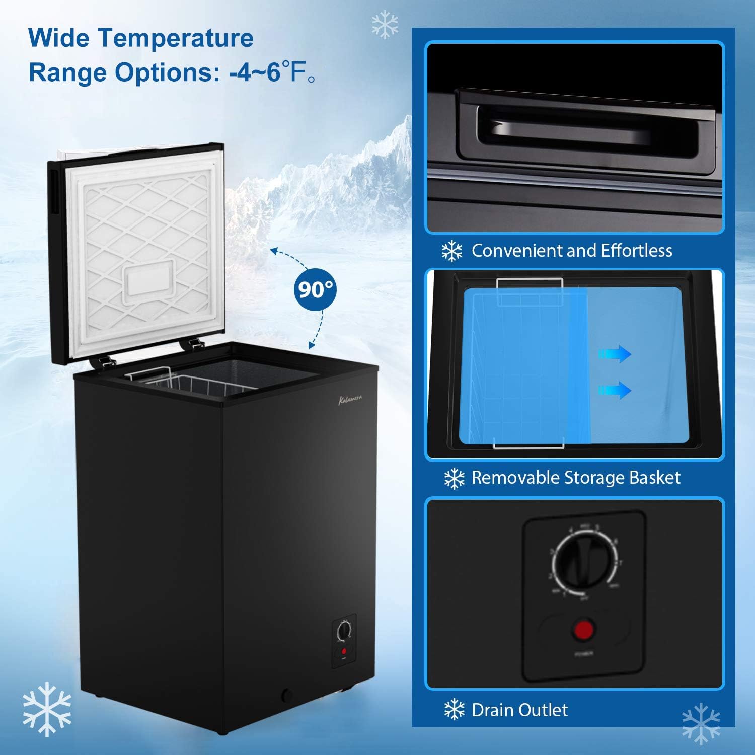 Kalamera. 3.5 Cu.ft Chest Freezer-Freestanding For Home/Apart With Lowest -4℉ Black, KCF-100-SS