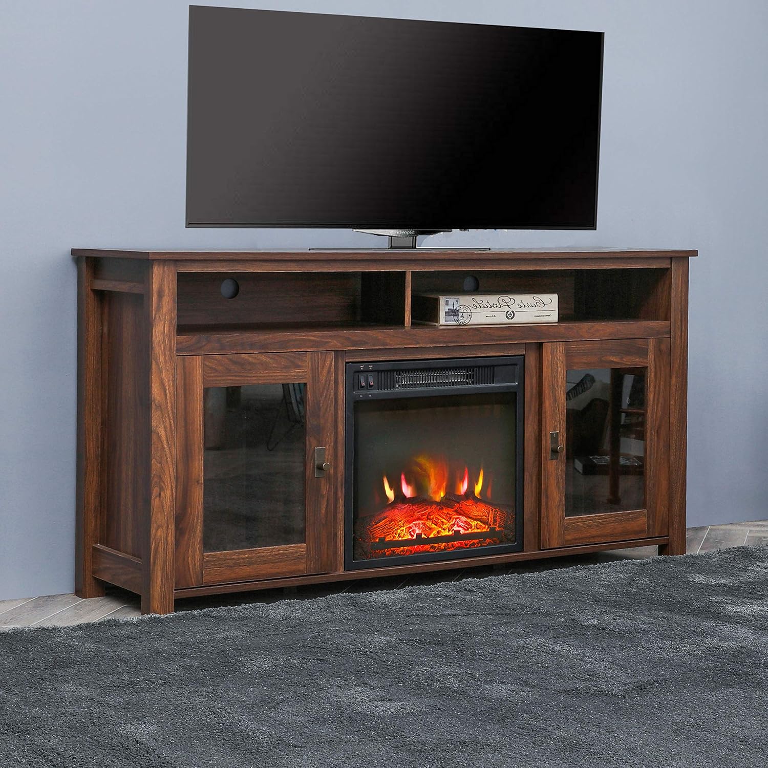 Electric Fireplace TV Stand Entertainment Center Wooden Corner Electric Fireplace Console Fireplace Heater for TVs up to 60",Rustic