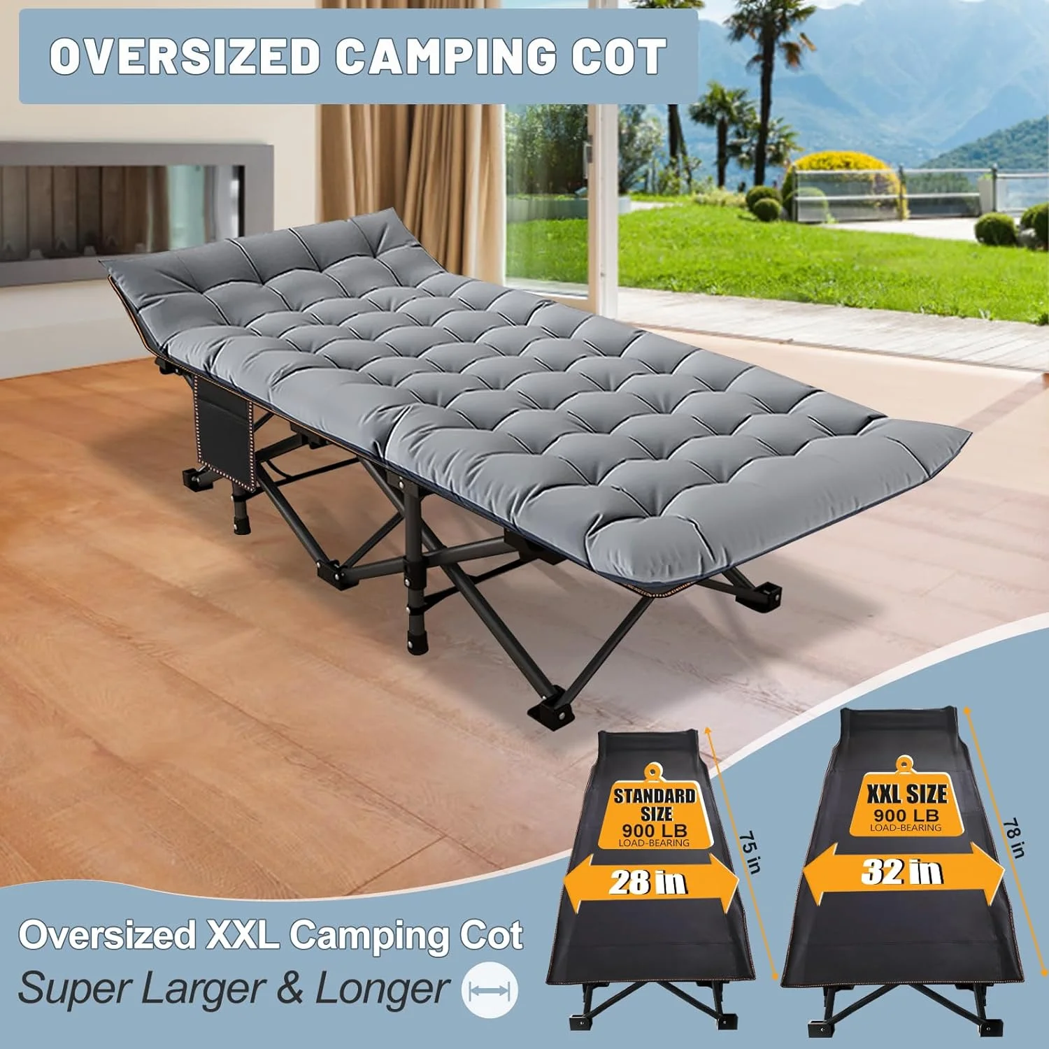 ABORON Oversized XL Folding Sleeping Cots for Adults, 900lb Loading Double-Layer 1200D, Heavy Duty Guest Bed W/Cushion & Carrying Bag