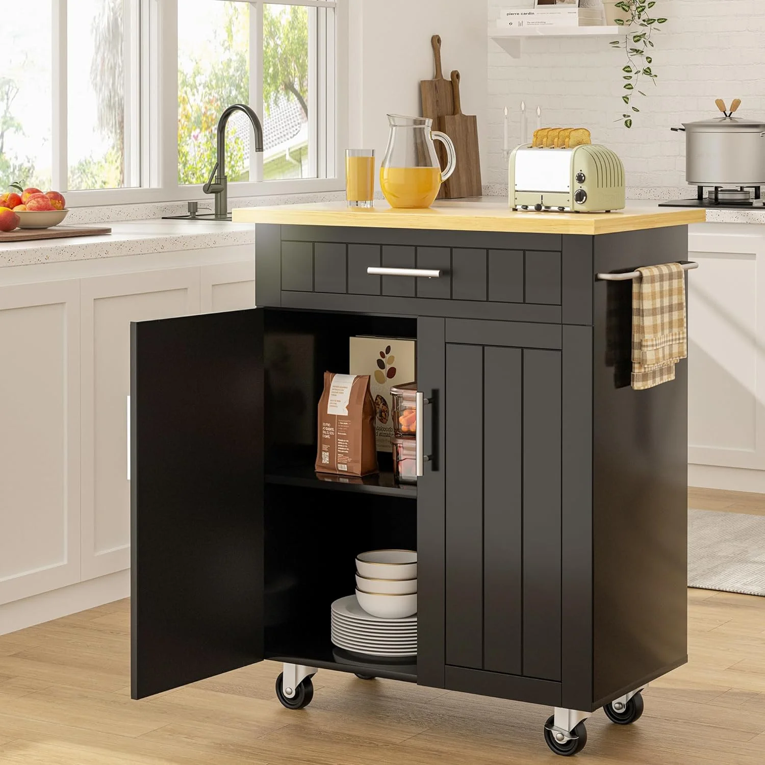 Kitchen Island on Wheels with Storage Cabinet & Drawer, 26" Width Rolling Kitchen Table, Cart Handle for Towel Rack or Free Mobility, Portable Islands for Kitchen, Dining Room(Black) - Curated Treasures Market