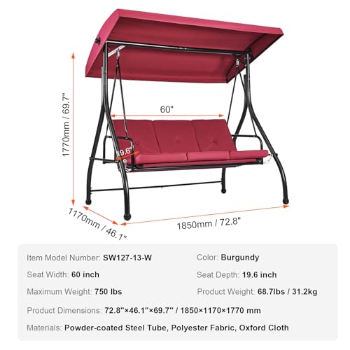 VEVOR 3-Seat Patio Swing Chair, Converting Canopy Swing, Outdoor Patio Porch with Adjustable Canopy, Removable Thick Cushion and Alloy Steel Frame, for Balcony, Backyard, Poolside, Brown