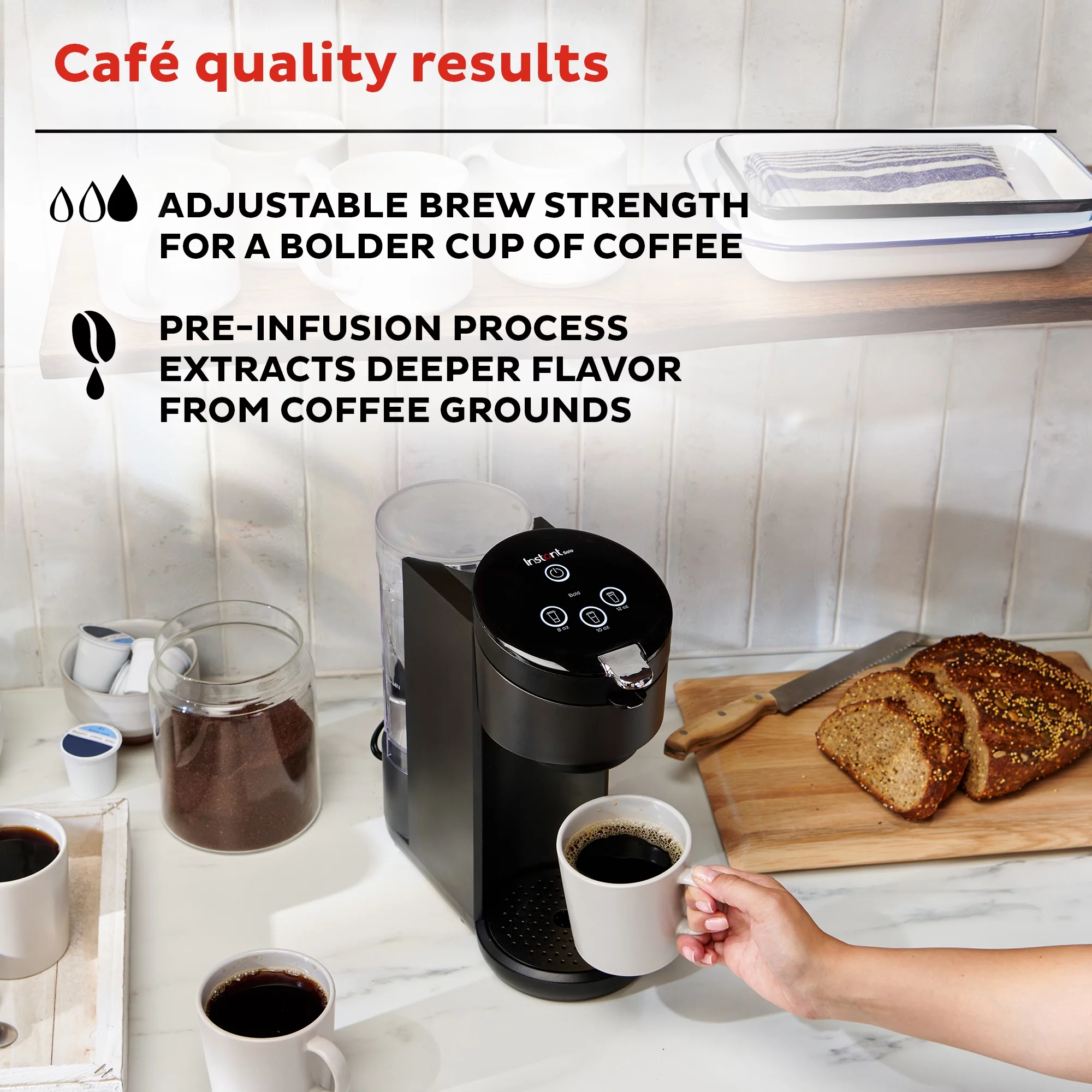 Instant Solo 2-in-1 Single Serve Coffee Maker for Ground Coffee or K-Cup Pods with 3 Brew Sizes, Black