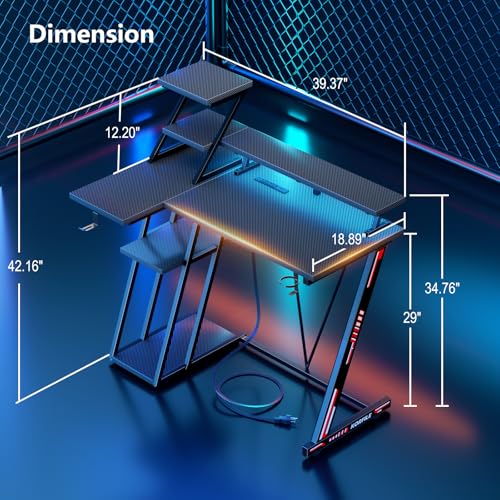 L Shaped Gaming Desk with LED Lights & Power Outlet, 47 Inch Computer Desk with Extra Storage Shelves, Reversible Gamer Workstations with Monitor Stand for Bedroom, Carbon Fiber Black