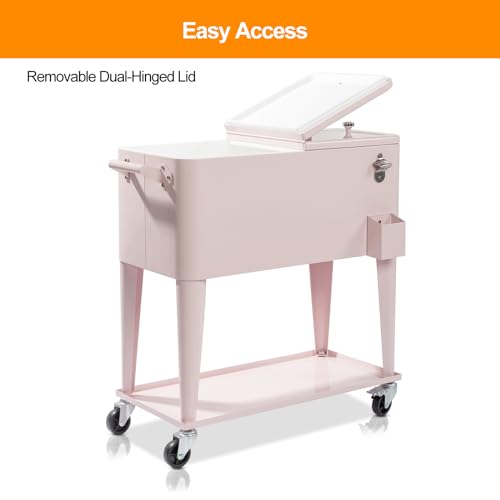 Bueuwe 80 Quart Rolling Ice Chest on Wheels, Portable Patio Party Bar Drink Cooler Cart with Shelf, Beverage Pool with Bottle Opener,Water Pipe,for Party Cookouts Backyard BBQ