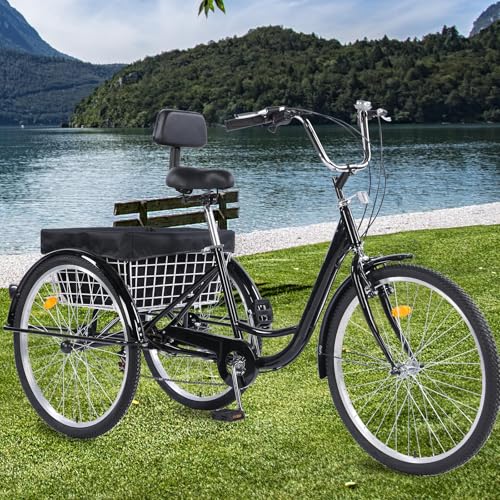 Versatile 24/26-Inch 3-Wheel Adult Tricycle with 7-Speed Gearing and Spacious Basket for Comfortable Riding and Storage for Recreation, Shopping, Picnics