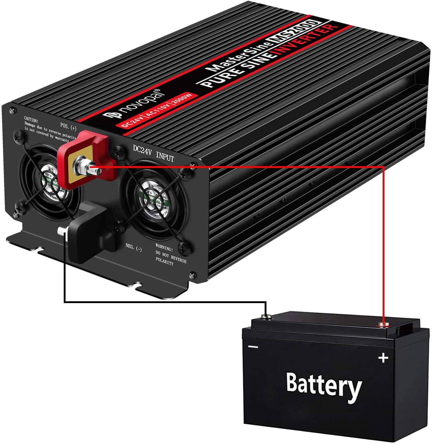 Novopal Power Inverter Pure Sine Wave-2000 Watt 24V DC to 110V/120V AC Converter- 4 AC Outlets Car Inverter with One USB Port-16.4 Feet Remote Control and Two Cooling Fans-Peak Power 4000 Watt