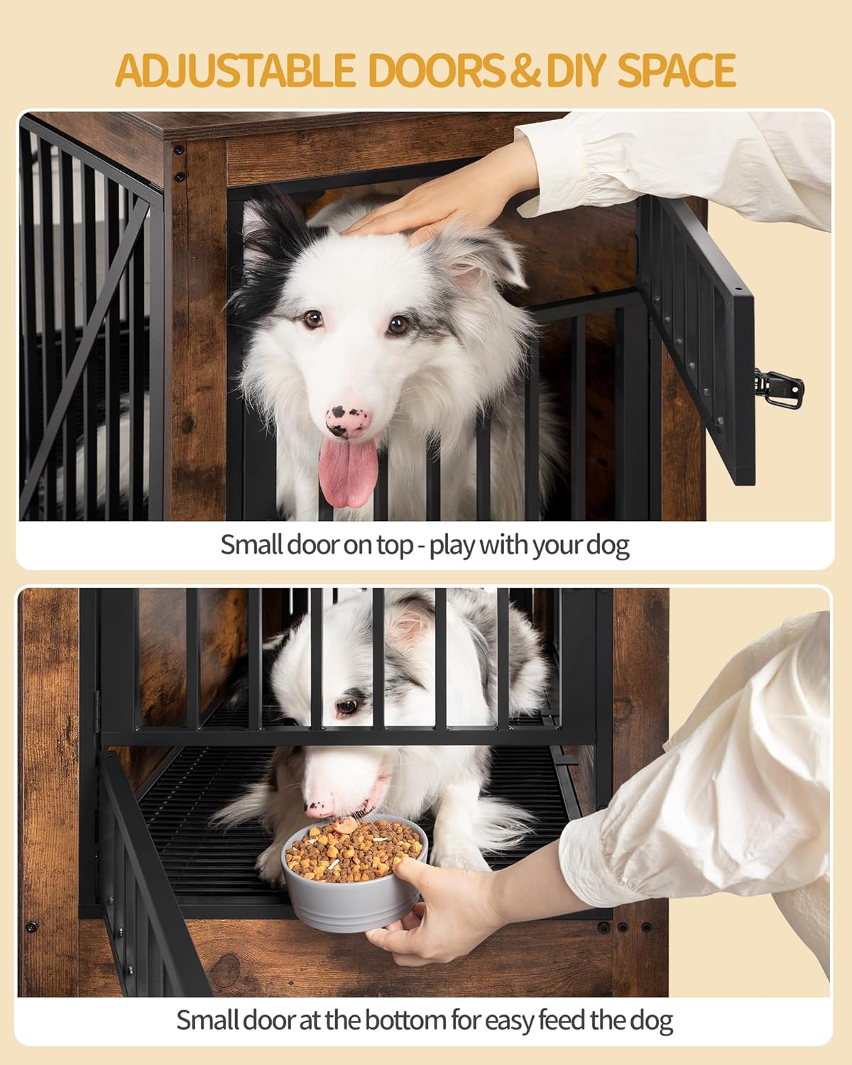 76.4" Dog Crate Furniture with Divider for 2 Dogs, Large Dog Kennel Indoor with Adjustable Door, Tray, Wood Dog Crate End Side Table for Small Medium Large Dog, Anti-Chew Anti-Escape, Brown