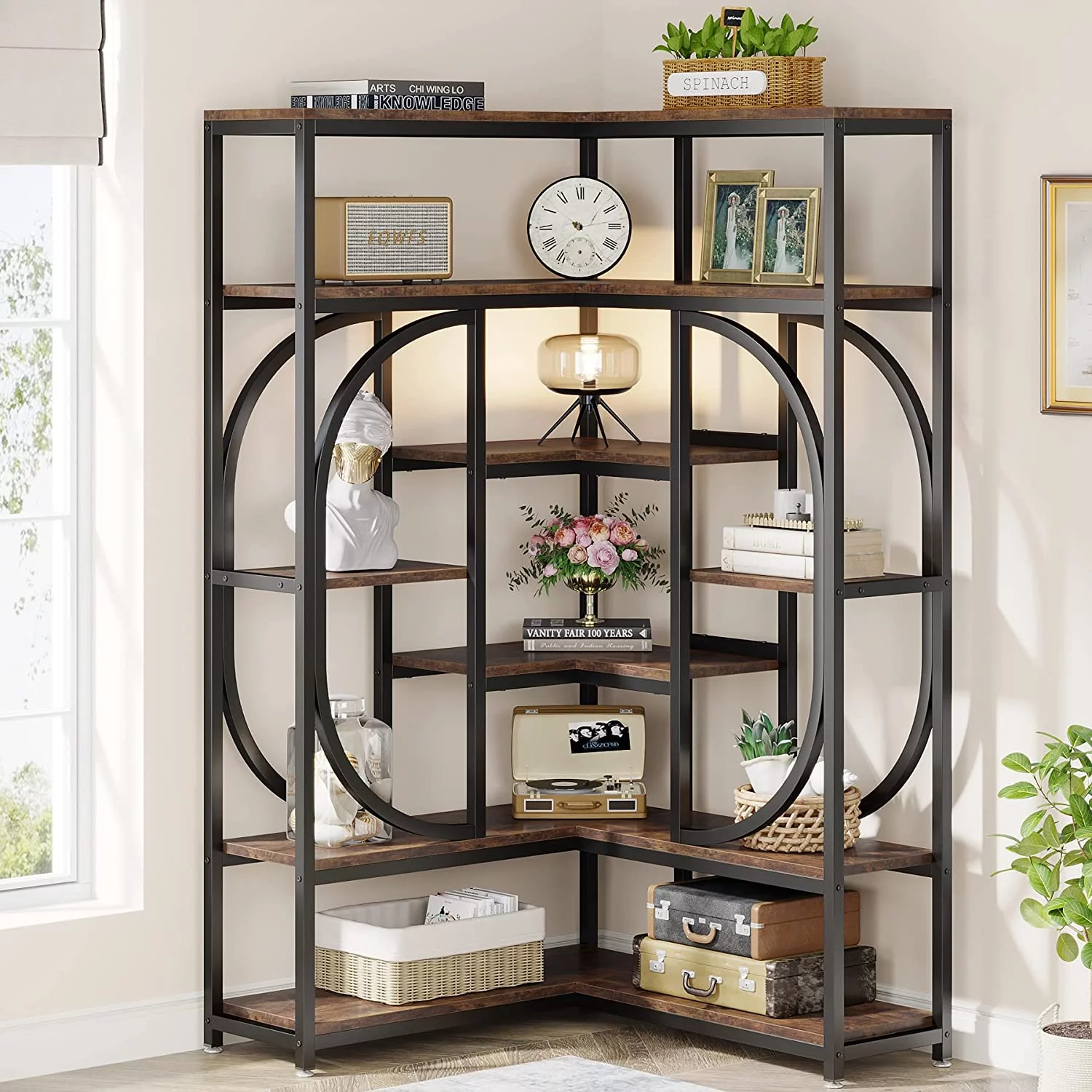 Tribesigns L Shaped Corner Bookshelf, Large 7 Shelf Corner Bookcase Display Rack for Home Office, Rustic Brown & Black