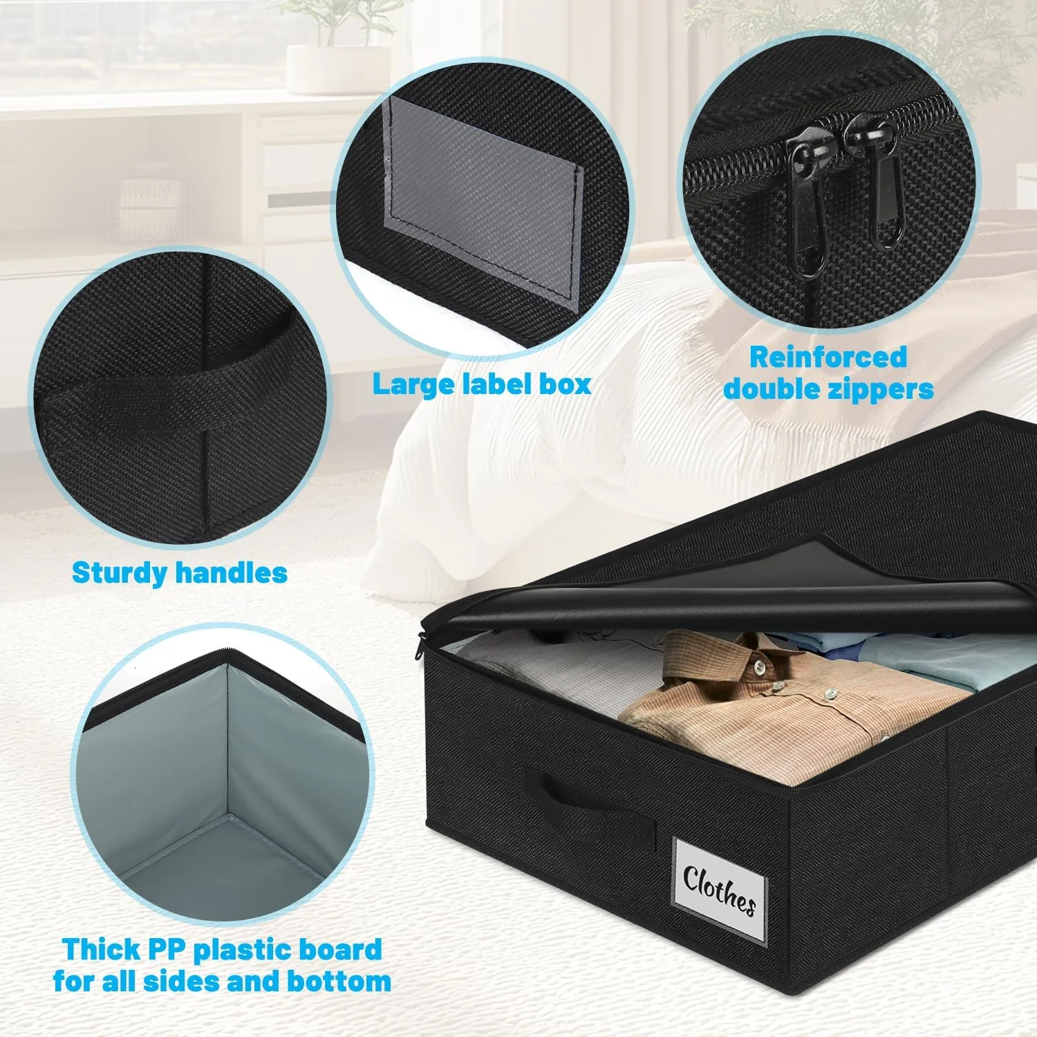 Under Bed Storage Container Bin 2 Pack, Low Profile Foldable Underbed Clothes Storage Organizer W/ Ultra Thick Fabric and Sturdy Bottom/Sides, Dual Zipper Storage Box for Dorm and Home 30x15x6.7