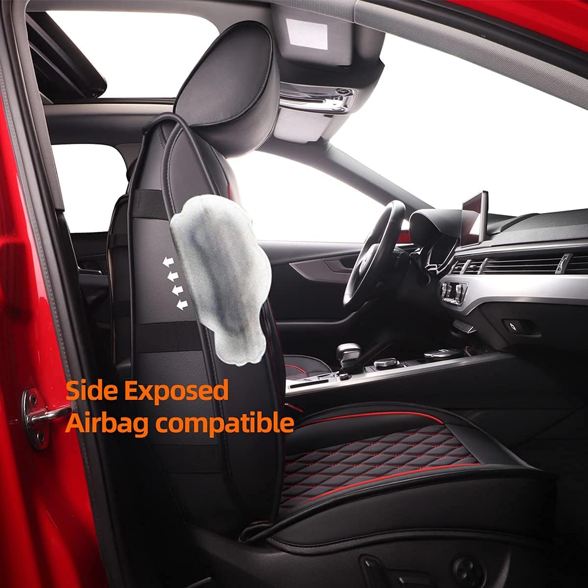 OSEHYL Car Seat Covers Luxury Leather Protector Universal Fit Full Set Upgraded Waterproof Breathable Full Coverage Wear-Resistant Non-Slip Vehicle Cushion Covers for SUV Cars Pickup Truck (Black&Red)