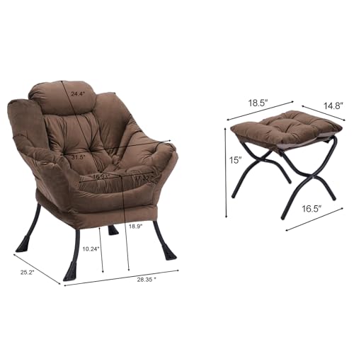 Lazy Chair with Ottoman, Accent Comfy Lounge Arm Chair and Folding Footrest Stool Set, Steel Frame Leisure Sofa Chair and Metal Cotton Anti-Slip Footstool, Green