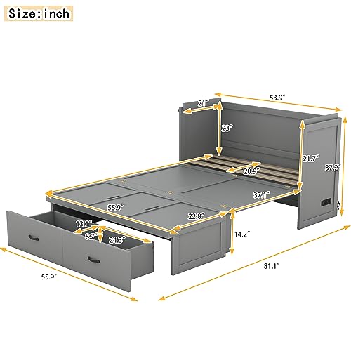 Full Size Murphy Bed, Cube Cabinet Space-Saving Murphy Bed with Shelf and Built-in Charging Station for Multipurpose Guest Room or Home Office,Gray