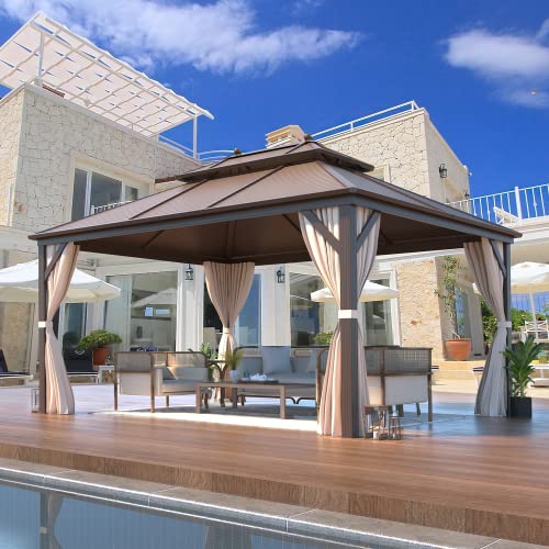 MELLCOM 12'x16' Hardtop Gazebo, Galvanized Steel Metal Double Roof Canopy with Curtains and Netting, Brown Permanent Pavilion Gazebos with Aluminum Frame for Garden, Patio, Lawns, Deck