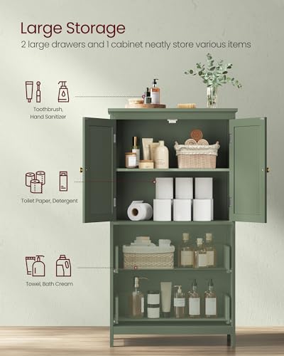 VASAGLE Bathroom Floor Storage Cabinet, Bathroom Storage Unit, Freestanding Cabinet with 4 Doors, Adjustable Shelves, 11.8 x 23.6 x 43.3 Inches, Forest Green UBBC552C01