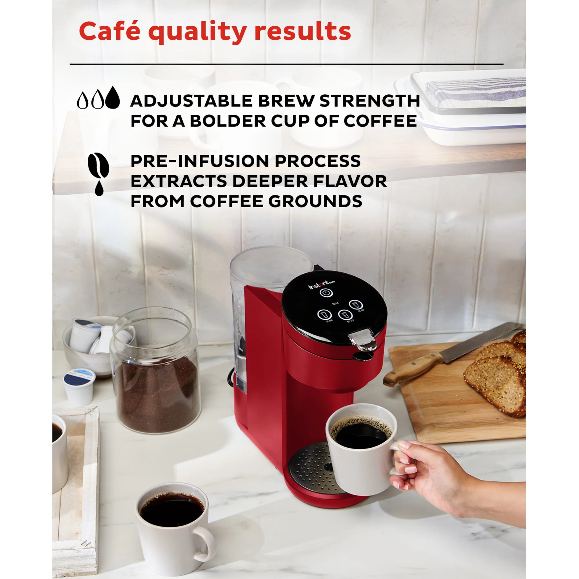 Instant Solo 2-in-1 Single Serve Coffee Maker for Ground Coffee or K-Cup Pods with 3 Brew Sizes, Maroon Red