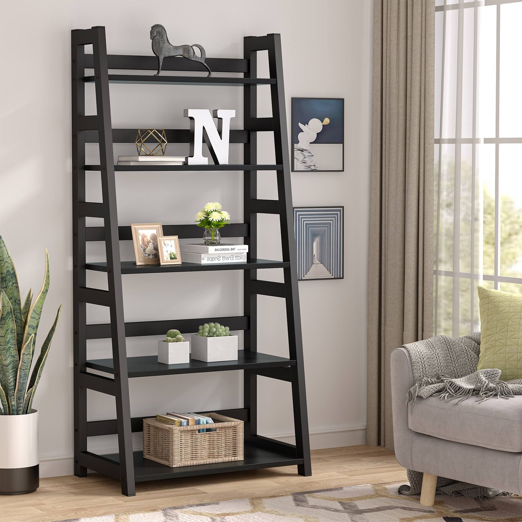 5-Tier Ladder Bookshelf Bookcase, 5 Shelf Ladder Shelves for Living Room - Brown