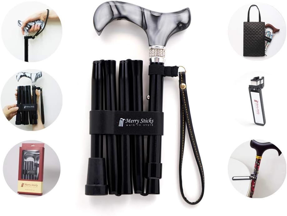 [Combo Set] Merry Sticks Designer Folding Adjustable Walking Cane. Includes a Convenient Cane Bag and a Smart Reflective Cane Holder. Walking Stick
